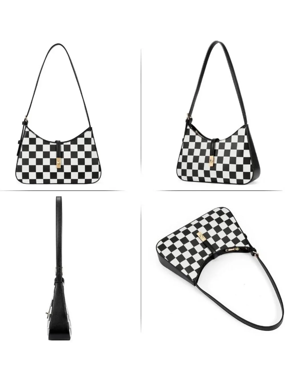 Chic Checkered Vegan Leather Shoulder Bag, Hobo Crossbody Purse with Adjustable